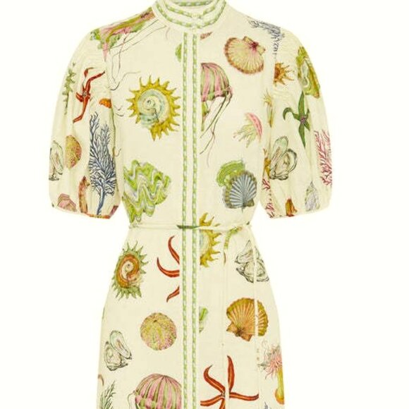 BOHEMIAN L SEALIFE PRINT FAIRY DRESS. PUFF SLEEVE MIDWAIST STANDING COLLAR MIDI - Picture 7 of 9